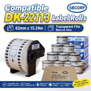 SBCORP compatible DK-22113 transparent film label roll, black on clear