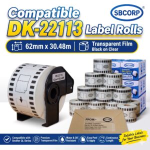 DK-22113 compatible clear film label roll 62mm x 30.48m — SBCORP