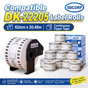 SBCORP compatible DK-22205 continuous paper label roll 62mm x 30.48m