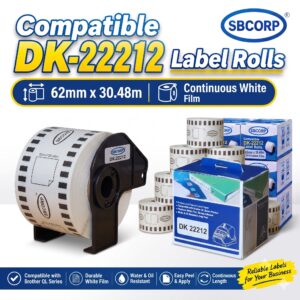 DK-22212 compatible white film label roll 62mm x 30.48m — SBCORP
